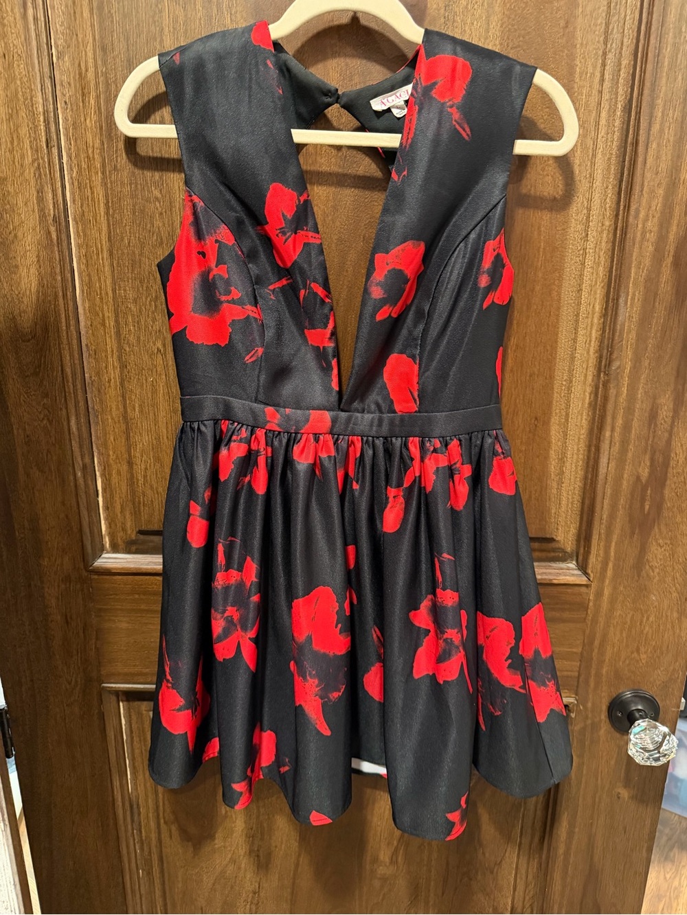 a'gaci Black Mini Dress with Red Floral Print